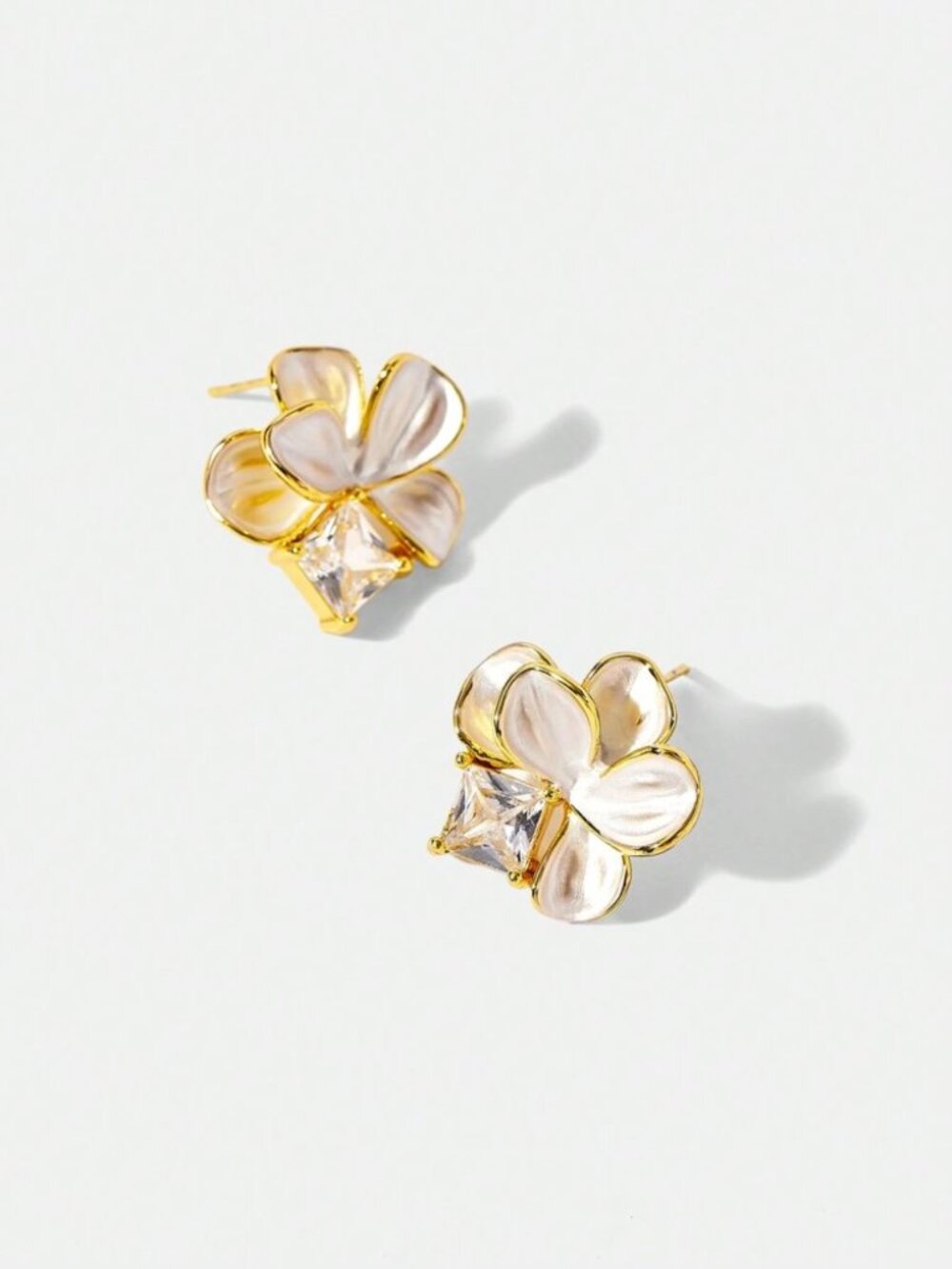 Gold Cream Enamel Flower Stud Earrings with Crystal Accent